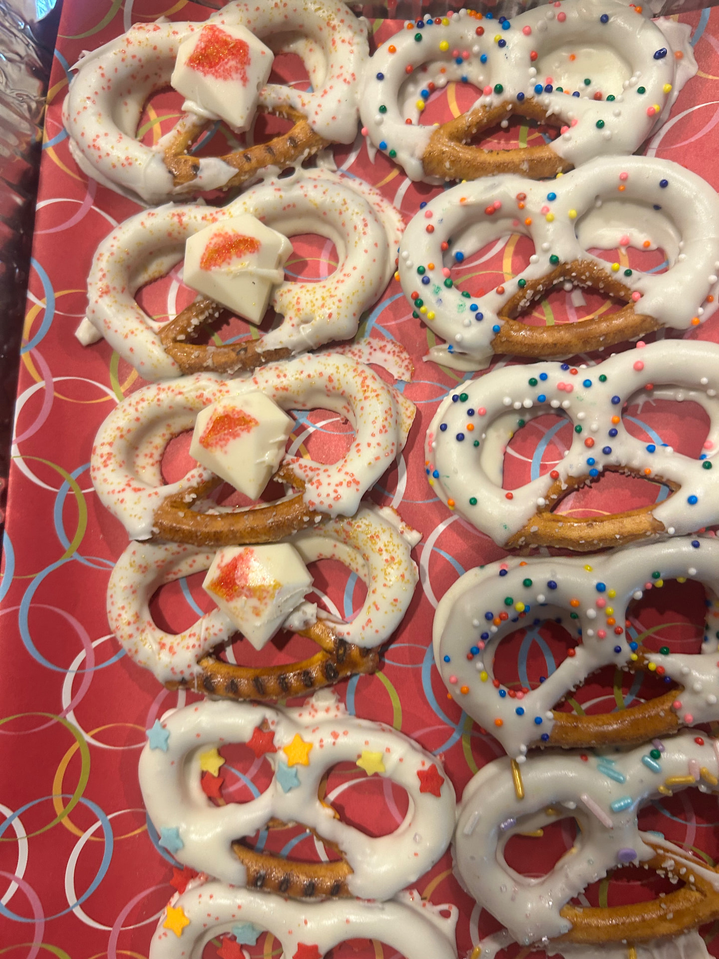White chocolate birthday pretzels with sprinkles
